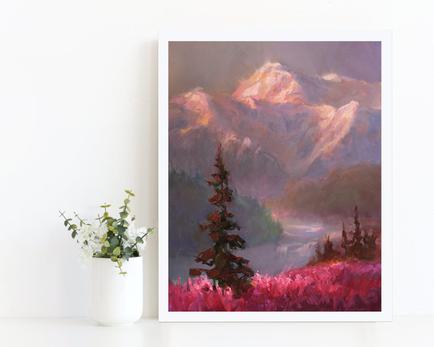 Alaska Art Prints of Denali mountain landscape wall art. A painting of wildflowers and landscape by Karen Whitworth is shown with white background.