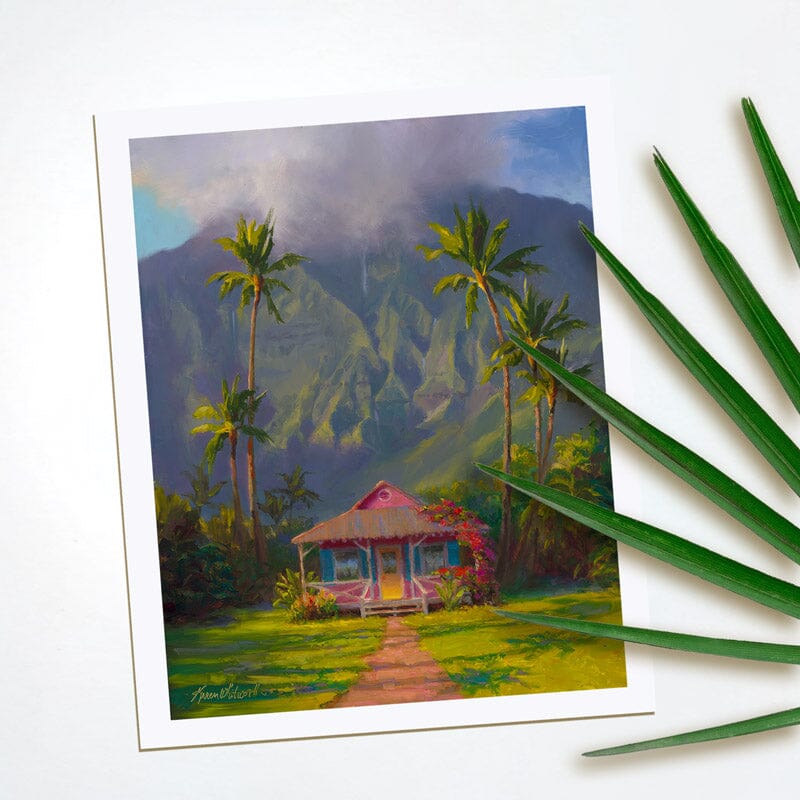 Hawaii wall art print of Hawaiian Painting of Kauai Cottage in Hanalei with palm trees.