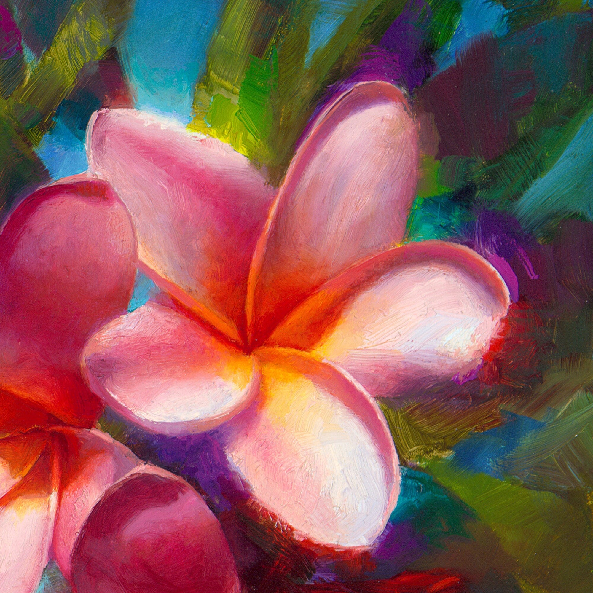 Pink plumeria flower painting on canvas by floral artist Karen Whitworth.