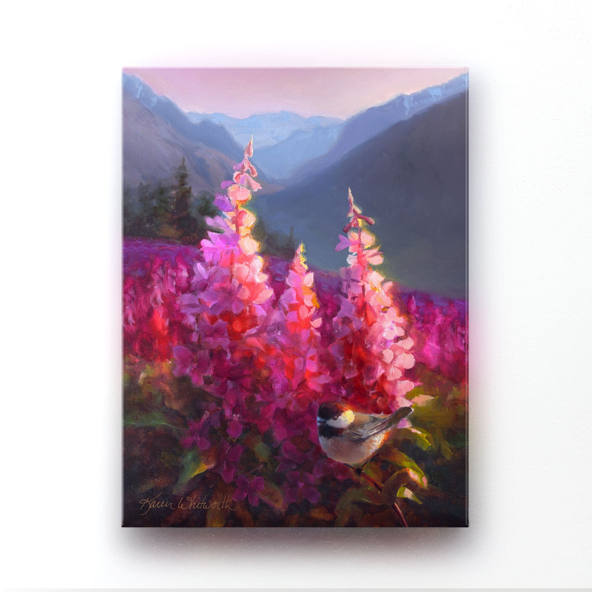 Canvas wall art of mountains, wildflowers, and chickadee in an Alaskan landscape painting by artist Karen Whitworth