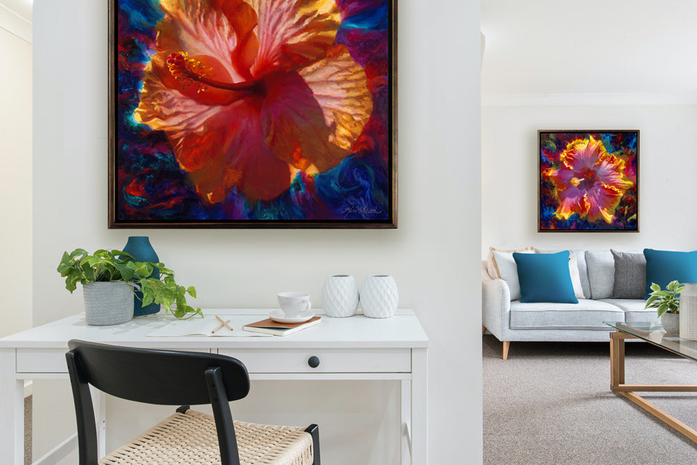 Hawaiian hibiscus painting canvas wall art of tropical flowers in Hawaiian interior design setting by Hawaii artist Karen Whitworth
