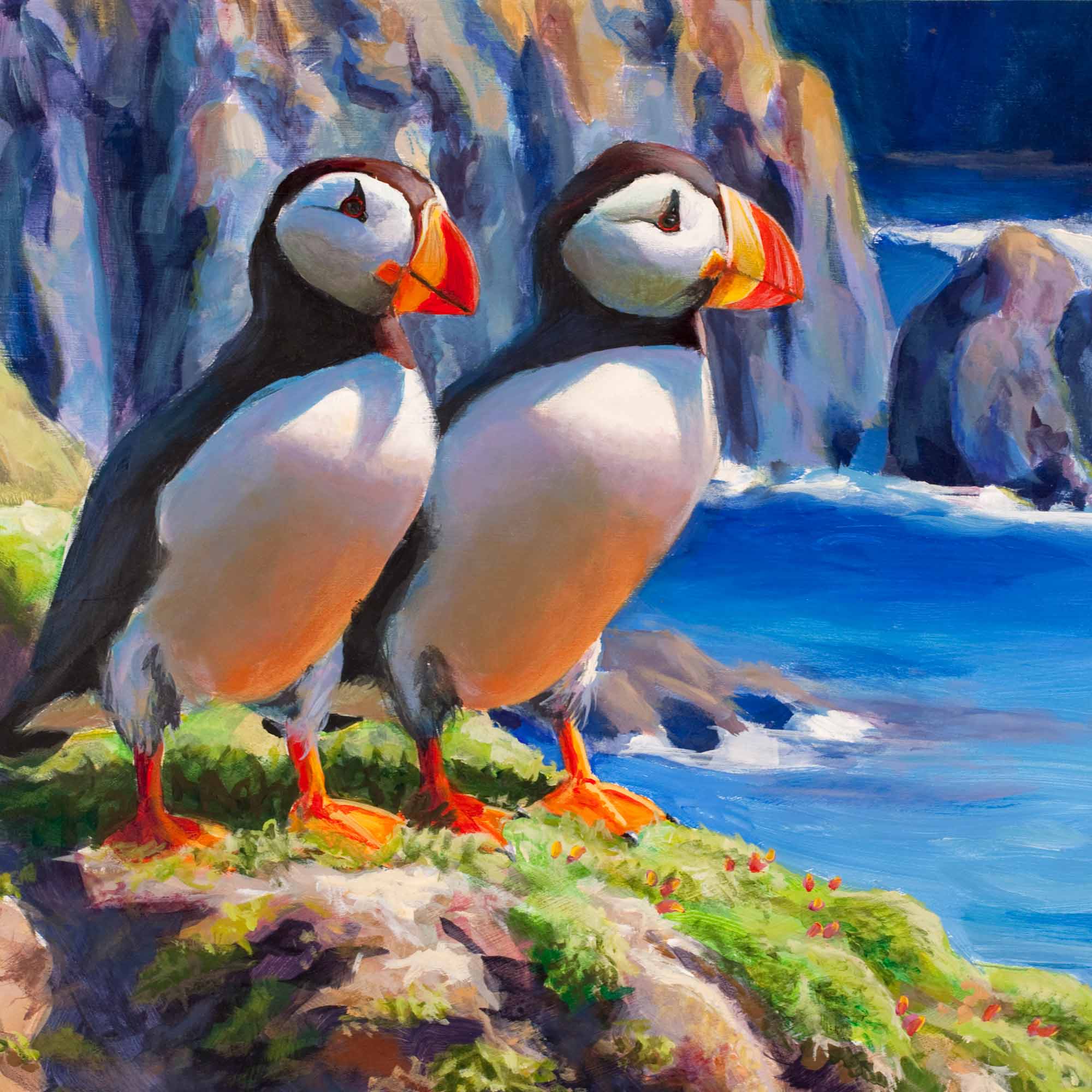 Painting of puffins in an Alaskan wall art print with coastal landscape artwork by artist Karen Whitworth
