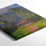 Hawaiian painting of Hanalei Kauai canvas wall art on white table.