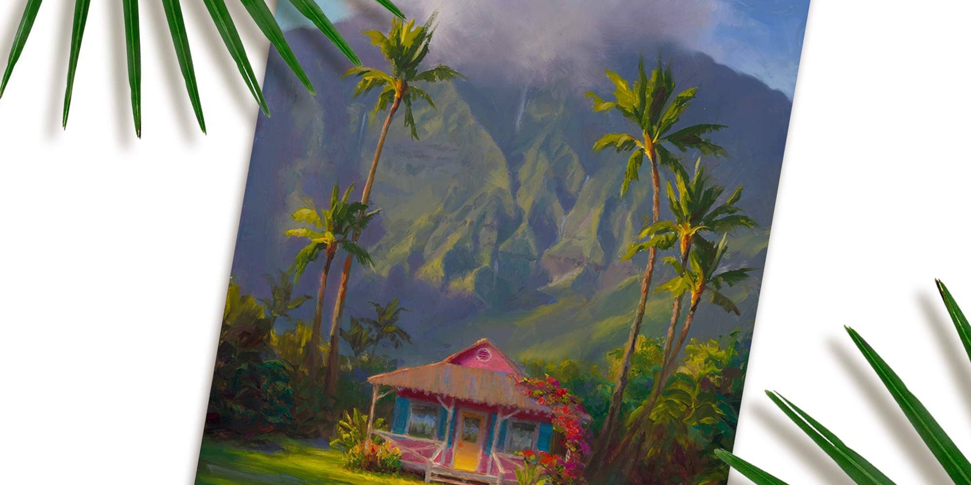 Hawaii art print of Hawaiian painting featuring Hanalei scenery on the island of Kauai in a wall art print titled "Grounded" by artist Karen Whitworth. The print is resting on a white table with green palm fronds next to it.