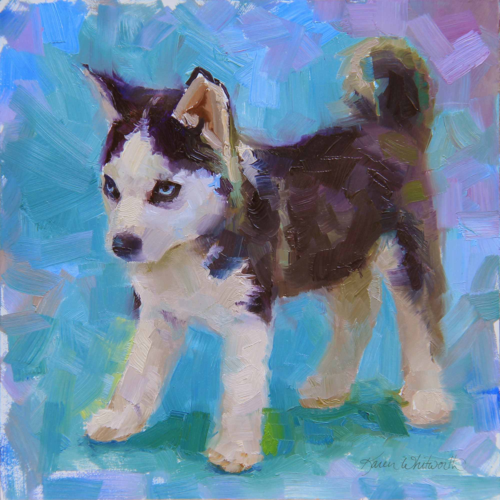 Husky painting of sled dog puppy wall art print dog artwork by artist Karen Whitworth