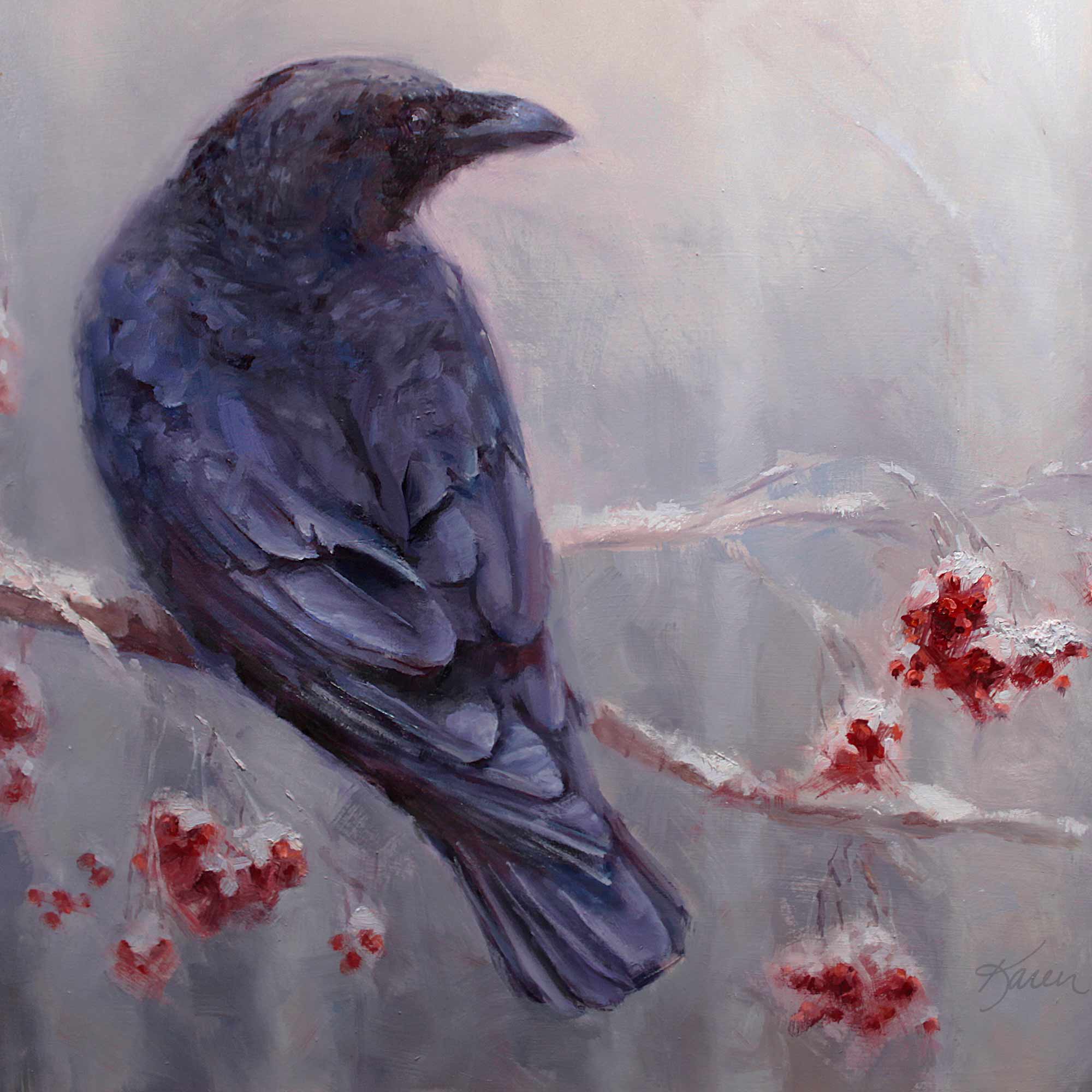 Winter bird painting of black raven on snowy branch with red berries. The artwork is created in soft neutral grey tones. This wall art print was painted by artist Karen Whitworth.