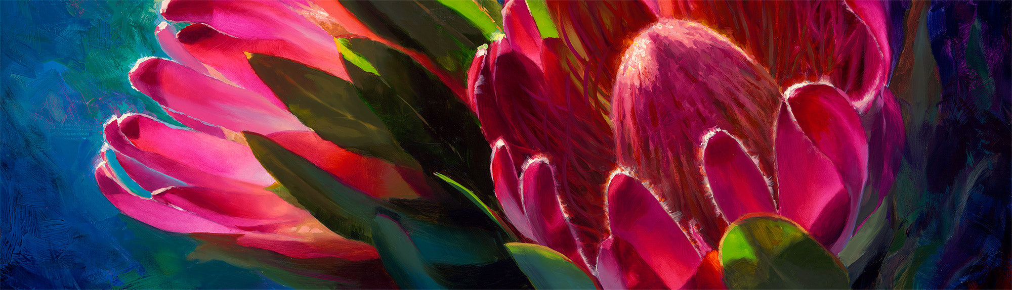 Close up of the painting "Sunlit Protea" of tropical Hawaiian flowers by gallery artist Karen Whitworth