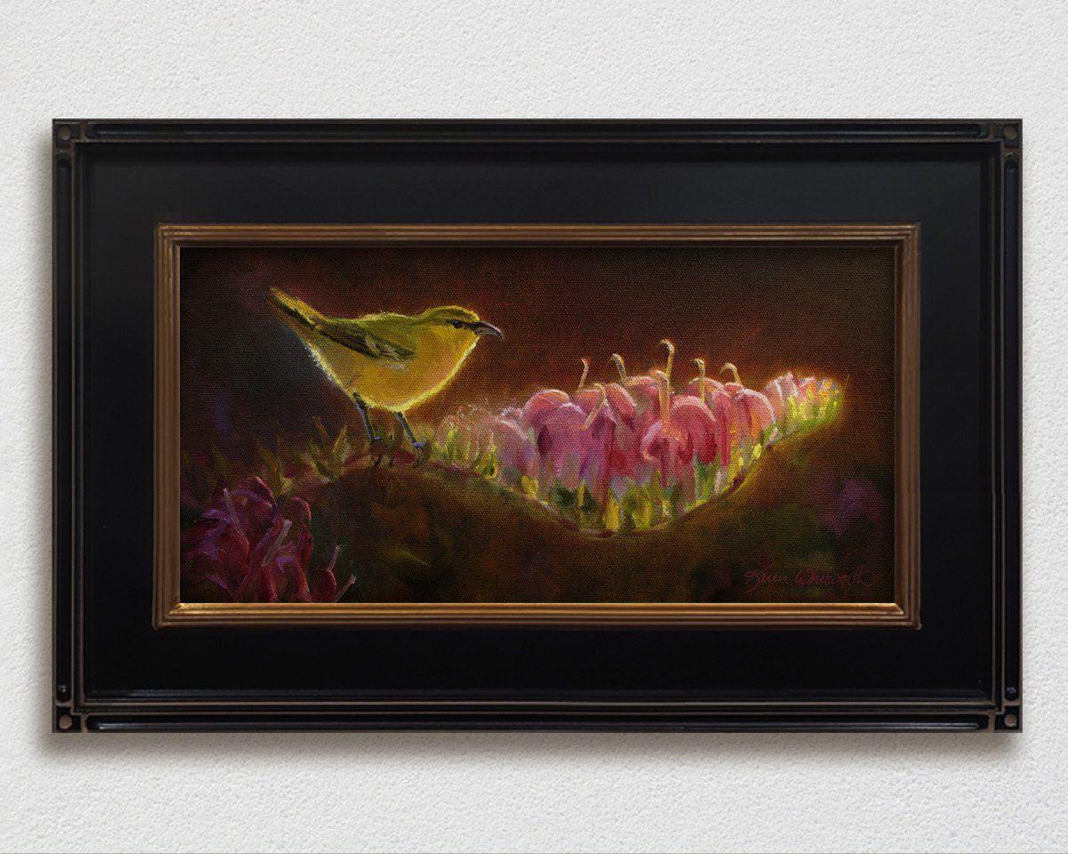 Framed Hawaiian flower painting of amakihi birds of Kauai by Hawaii artist Karen Whitworth