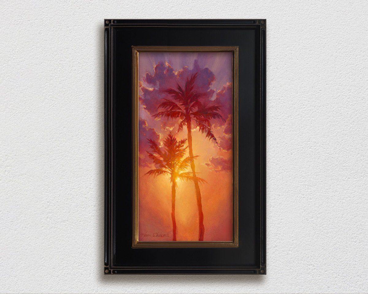 Framed Tropical art canvas of Hawaiian sunset painting  palm tree wall art by Hawaii artist Karen Whitworth