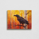Painting of autumn raven and fall forest wall art canvas