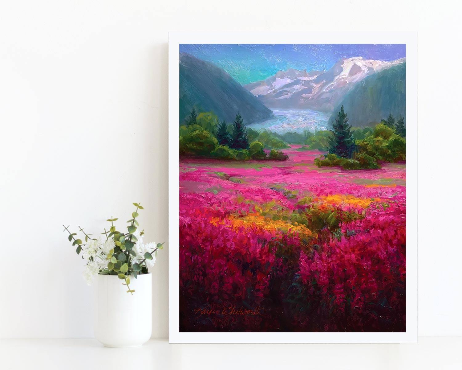 Alaska scenery wall art print of Mendenhall Glacier and fireweed flowers. Painting by landscape artist Karen Whitworth