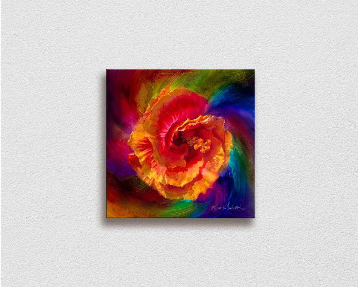 A colorful painting of a blooming orange hibiscus. Tropical canvas wall art on a white wall, by Hawaii Gallery Artist Karen Whitworth