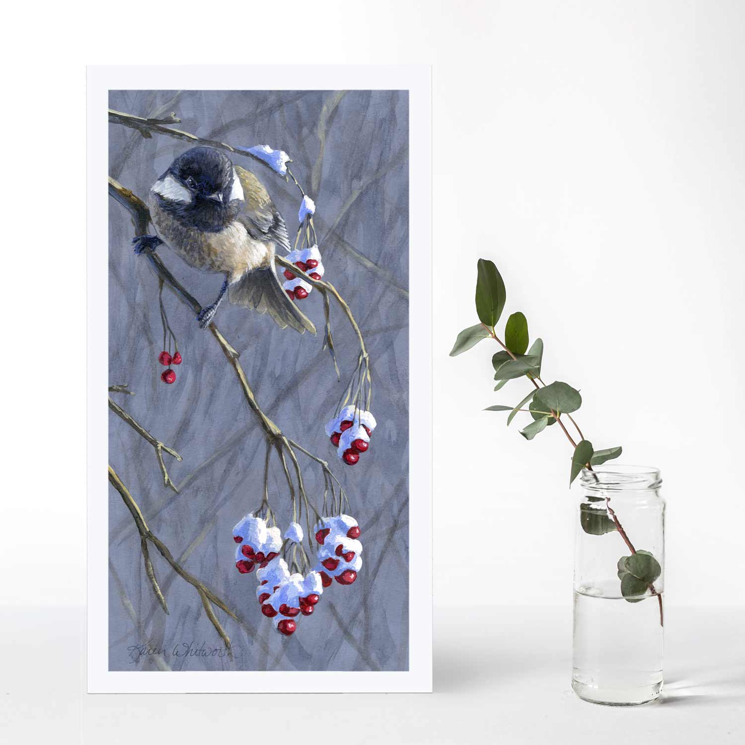 Chickadee bird wall art print set with winter snow and berries