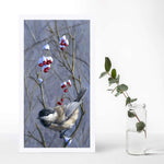 Chickadee bird wall art print set with winter snow and berries