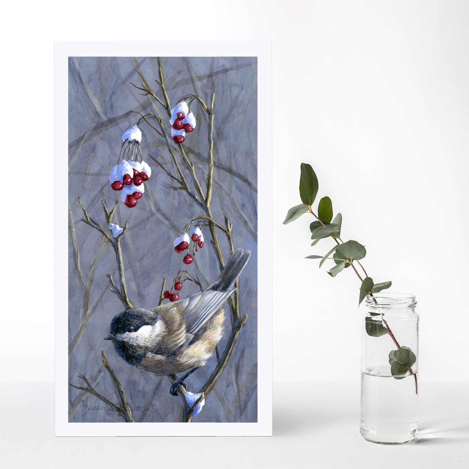 Chickadee bird wall art print set with winter snow and berries