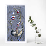 Chickadee bird wall art print set with winter snow and berries