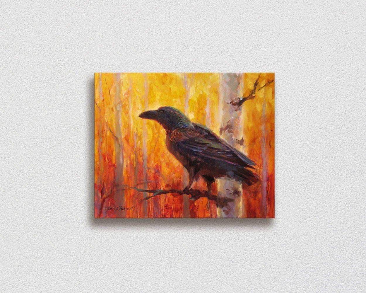 Painting of autumn raven and fall forest wall art canvas