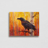 Painting of autumn raven and fall forest wall art canvas
