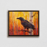 Framed Painting of autumn raven and fall forest wall art canvas