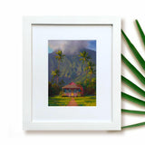 Framed Hawaii Art Print of Hanalei on the Island of Kauai in a White Picture Mat and a White Frame