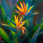 Colorful bird of paradise wall art painting of 2 bird of paradise flowers against a green and blue leaf background.