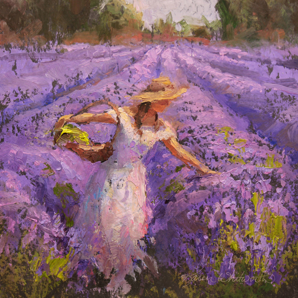 Lavender field wall art of woman picking lavender in a blooming flower field. The rows of lavender fade into the distance of this soft landscape painting.