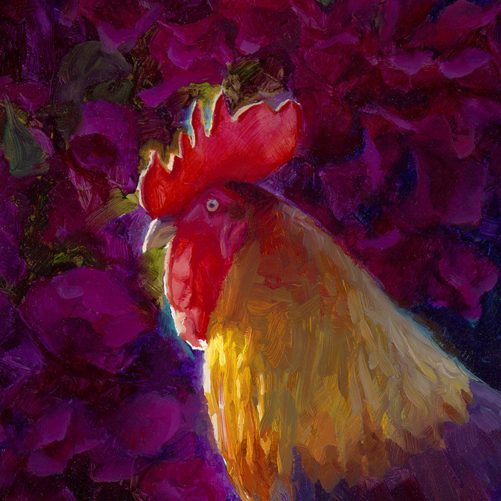 Rooster decor art print of a painting depicting a male chicken in front of a flowering pink bush.