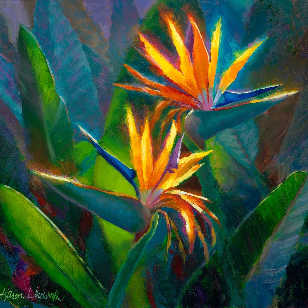 Colorful painting of 2 bird of paradise flowers against a green and blue leaf background.
