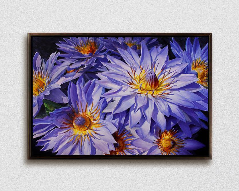 Framed Hawaiian flower painting of blue lotus, tropical art on canvas by Hawaii artist Karen Whitworth