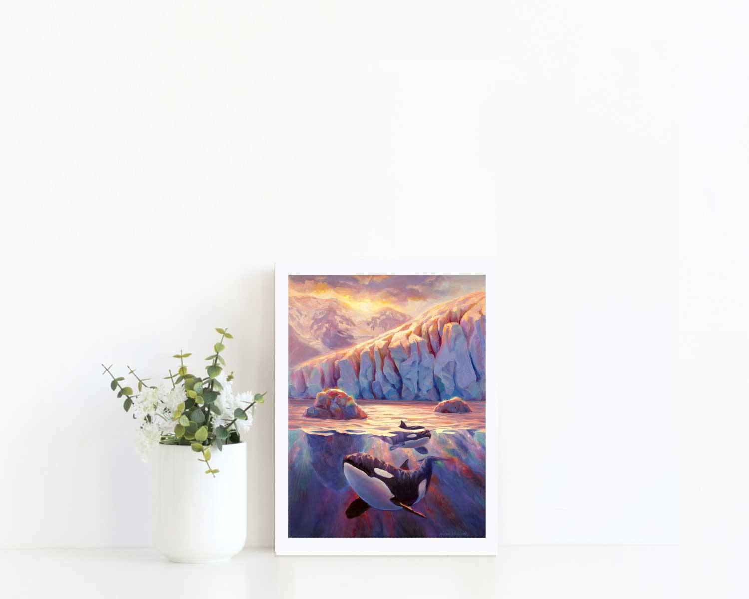 Paper wall art print of Orca whales and Alaskan glacier landscape painting by artist Karen Whitworth