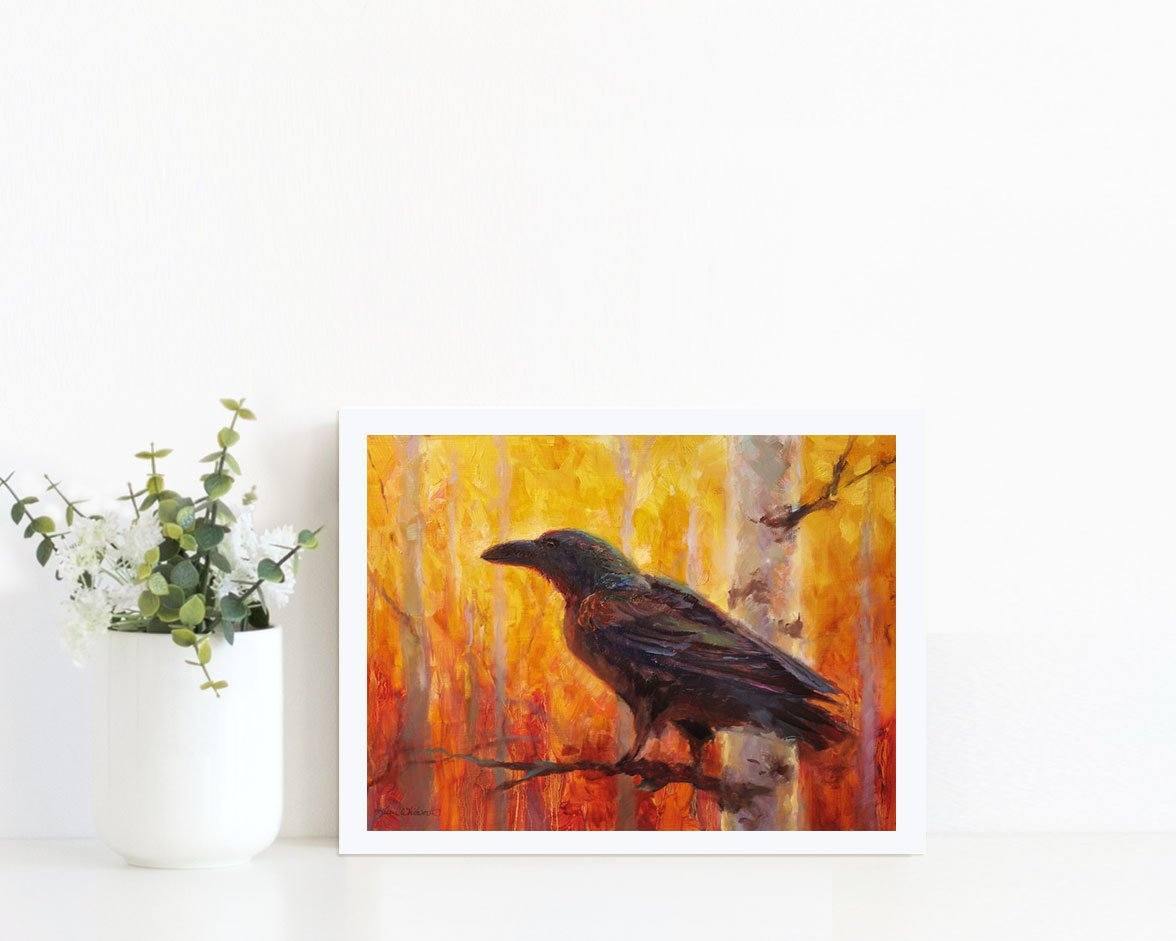 5x7 Autumn Raven Art Print of bird in forest by Alaska Artist Karen Whitworth