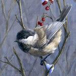Chickadee bird wall art print set with winter snow and berries