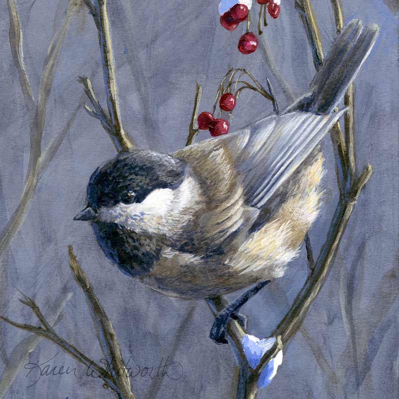 Chickadee bird wall art print set with winter snow and berries