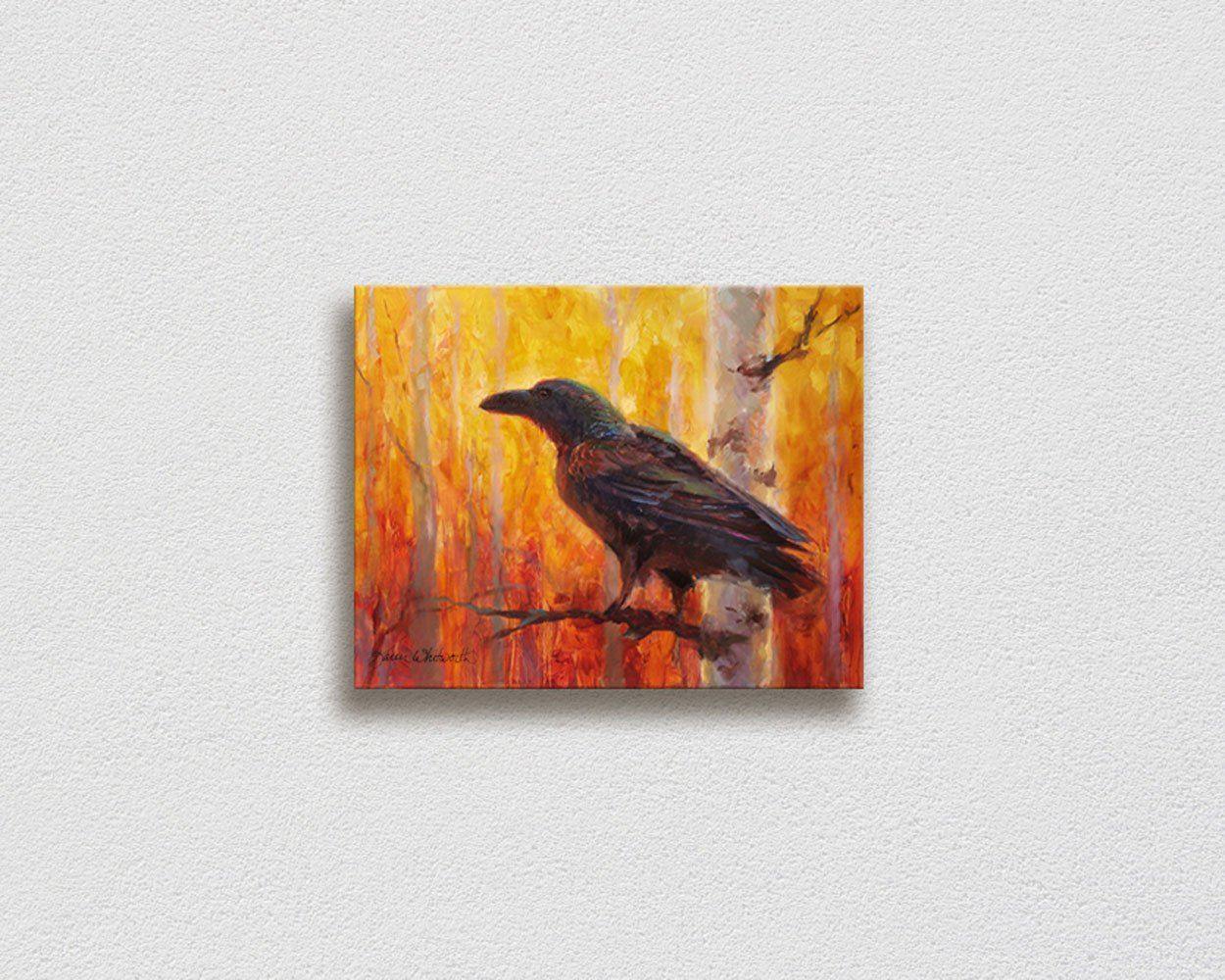 Painting of autumn raven and fall forest wall art canvas