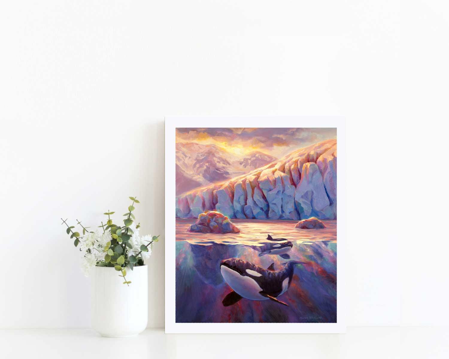 Paper wall art print of Orca whales and Alaskan glacier landscape painting by artist Karen Whitworth