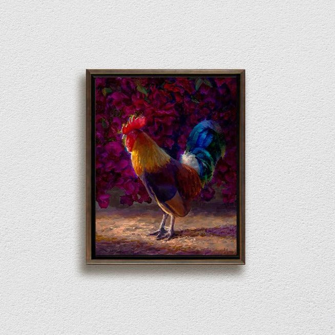 Framed Kauai chickens rooster painting on canvas by Hawaii artist Karen Whitworth