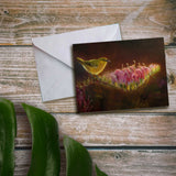 Hawaii note card featuring painting of Amakihi Bird and Koli'i Flower against a wood background