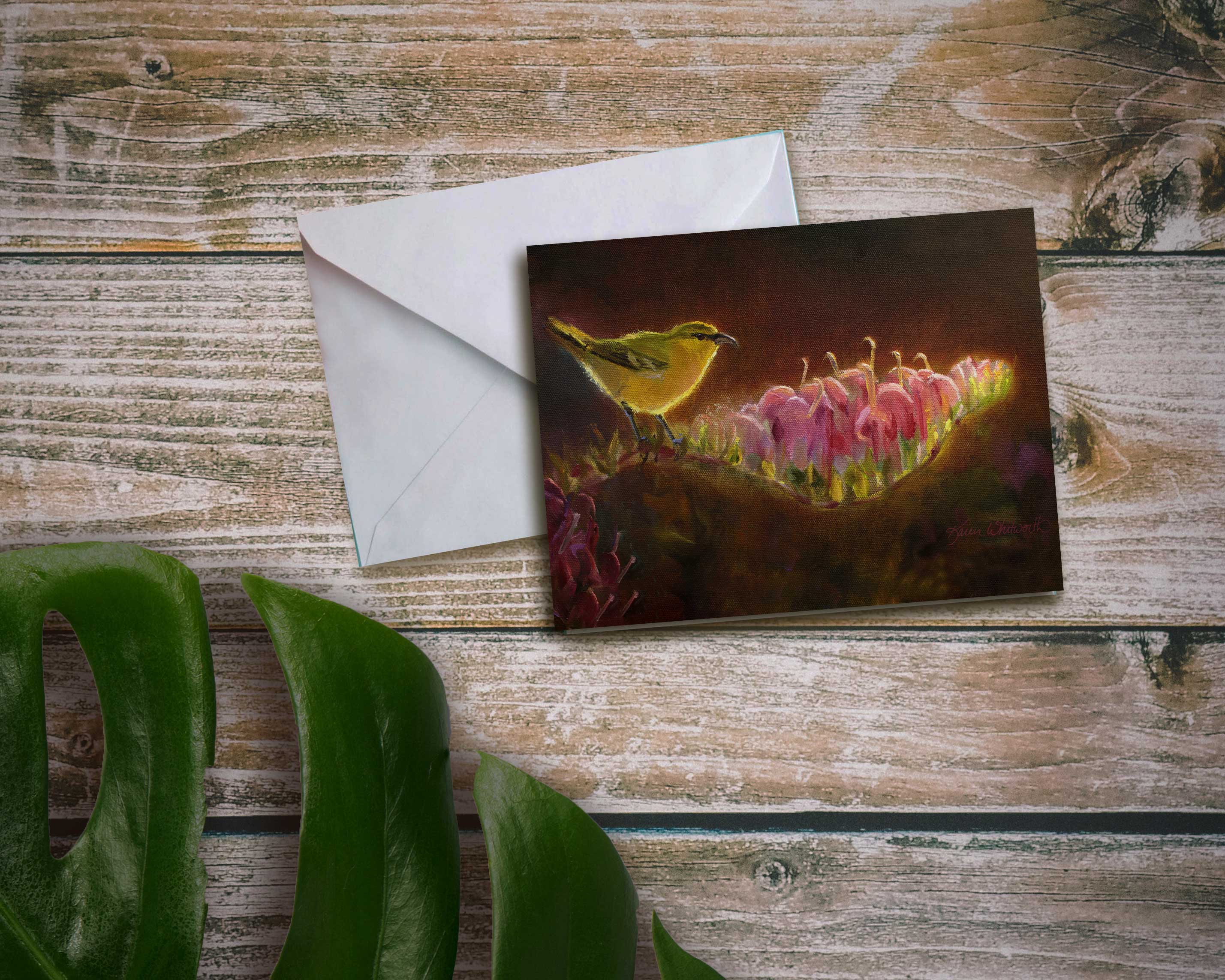 Hawaii note card featuring painting of Amakihi Bird and Koli'i Flower against a wood background