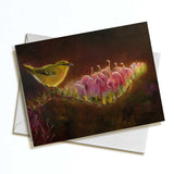 Greeting card featuring Hawaiian Amakihi Bird and Koli'i Flower on a white background