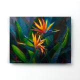 Hawaiian Flower Painting with tropical bird of paradise canvas art print by Hawaii artist Karen Whitworth. The artwork is unframed and hanging on a white wall.