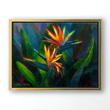 Hawaiian Flower Painting with tropical bird of paradise canvas art print by Hawaii artist Karen Whitworth. The artwork is framed in a Gold float frame and hanging on a white wall.