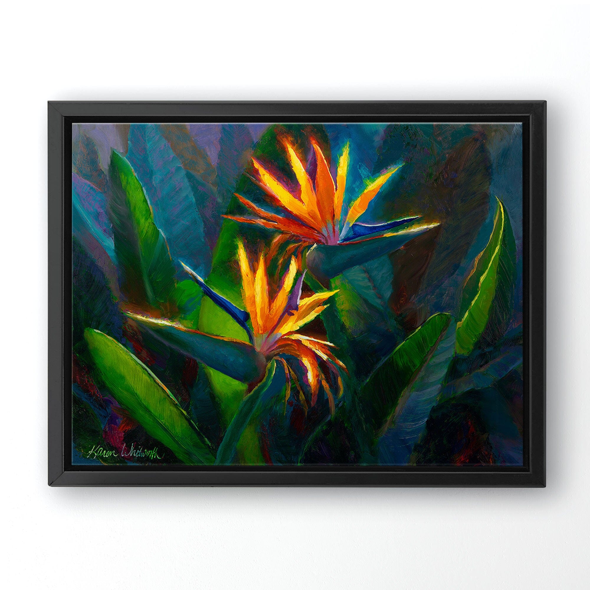 Hawaiian Flower Painting with tropical bird of paradise canvas art print by Hawaii artist Karen Whitworth. The artwork is framed in a black float frame and hanging on a white wall.