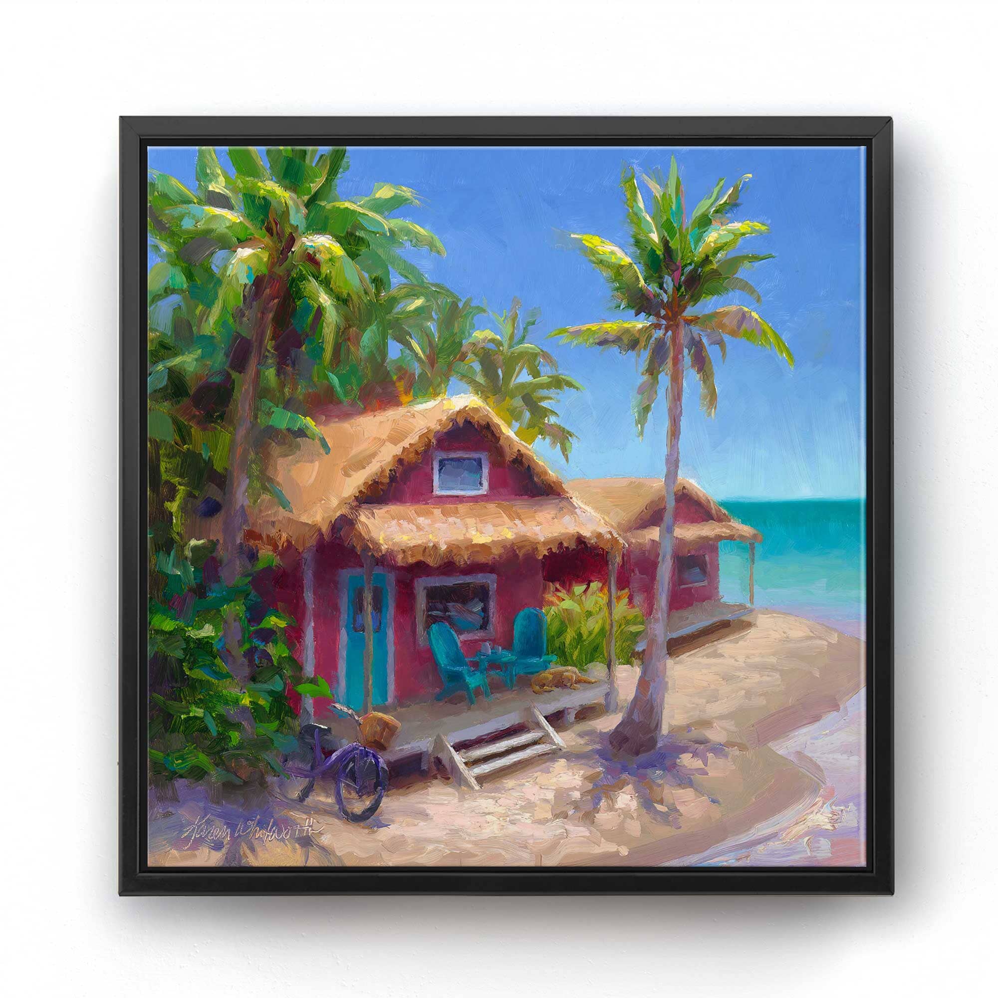 Beach Shack Canvas Art of Tropical Beach Cottage and Palm Trees