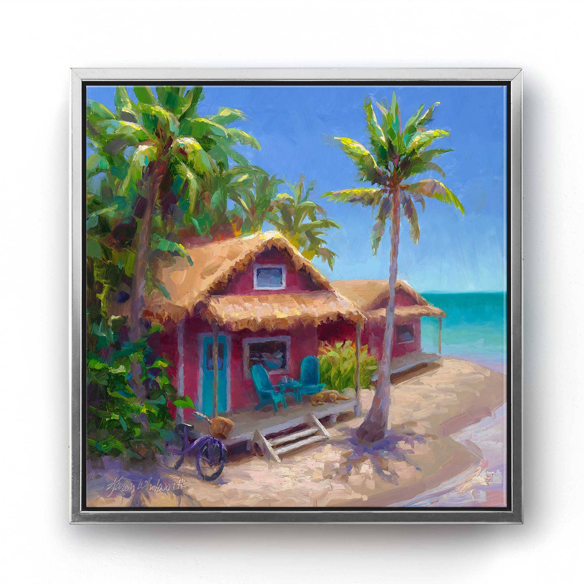 Beach Shack Canvas Art of Tropical Beach Cottage and Palm Trees