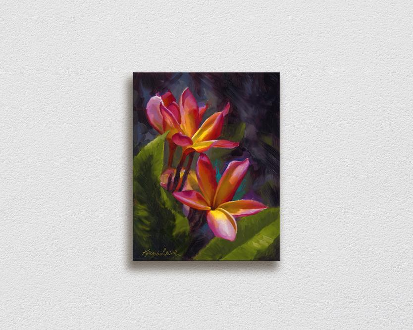 Wall art canvas of tropical Hawaiian Plumeria flower blossoms on a white wall