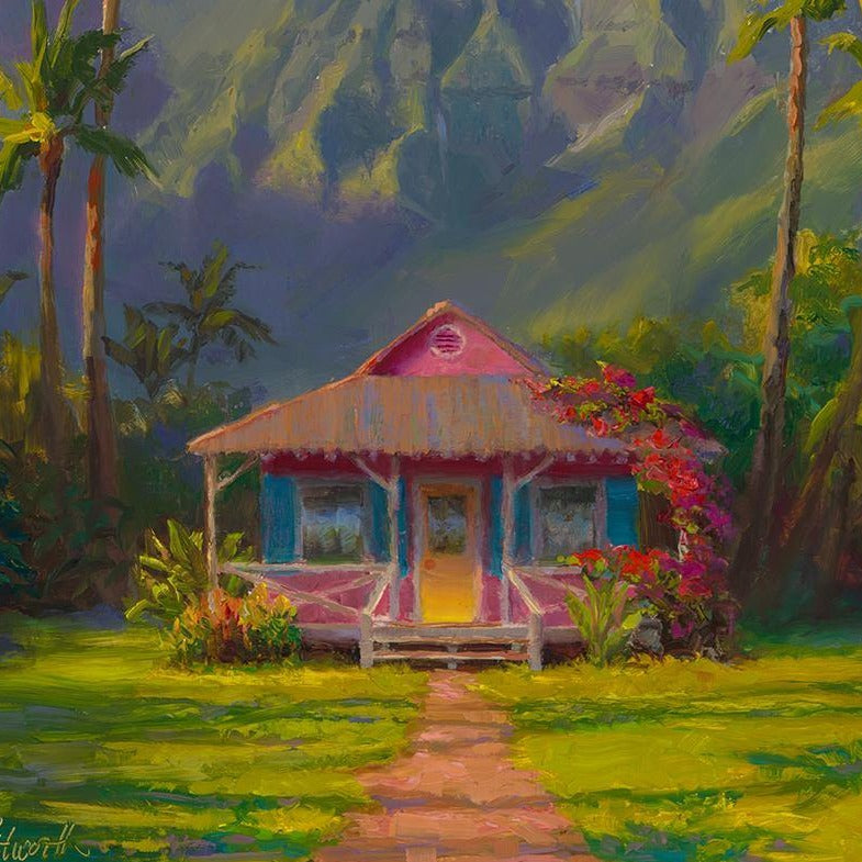 Kauai landscape art print of Hanalei cottage and palm trees in Hawaii