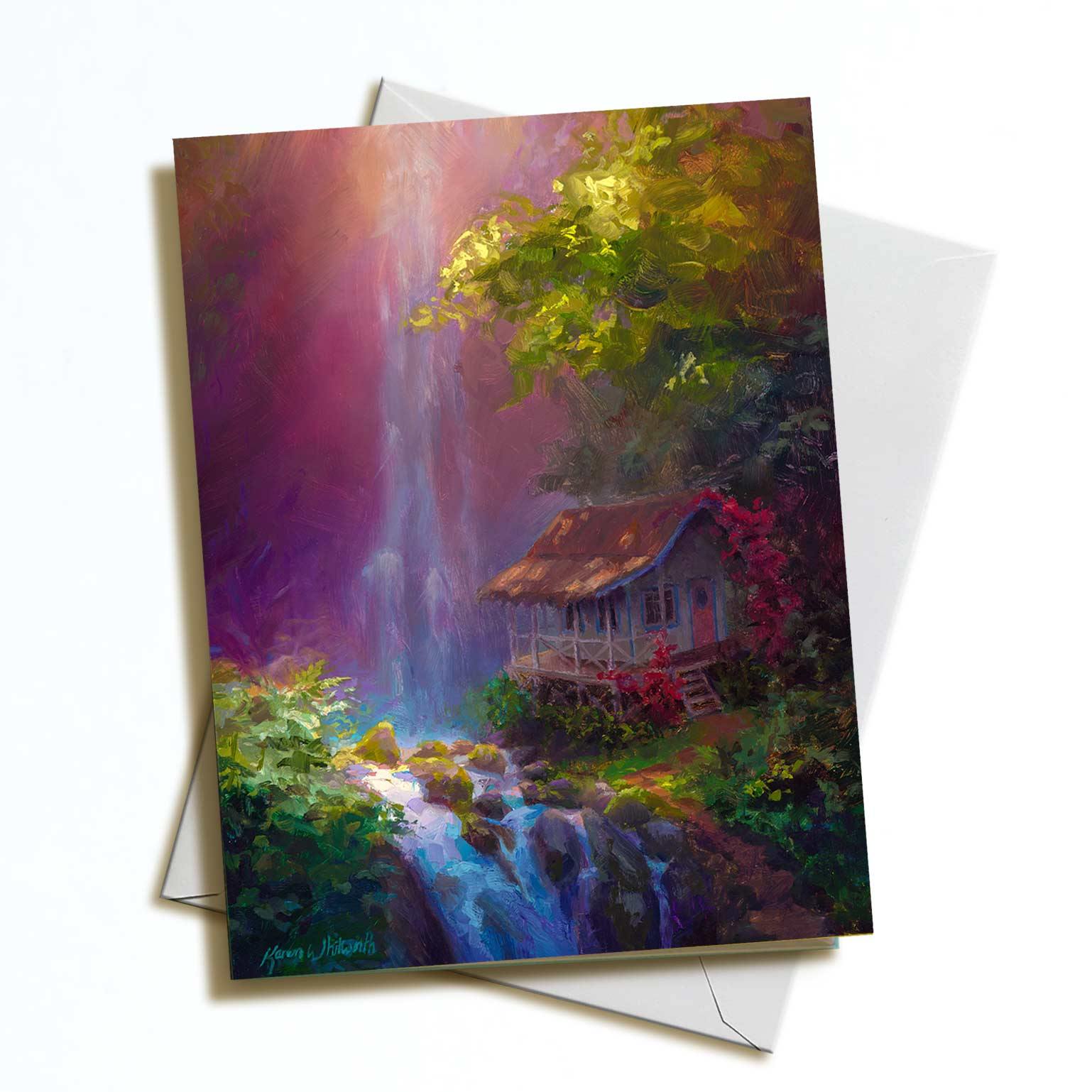 Hawaii greeting card with Kauai waterfall jungle cottage
