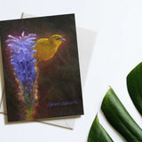 Hawaii note card featuring painting of Amakihi Bird and Haleakala Lobelia Flower against a white background