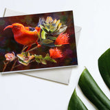 Hawaii note card featuring painting of Iiwi Bird and Ohia Lehua Flower against a white background