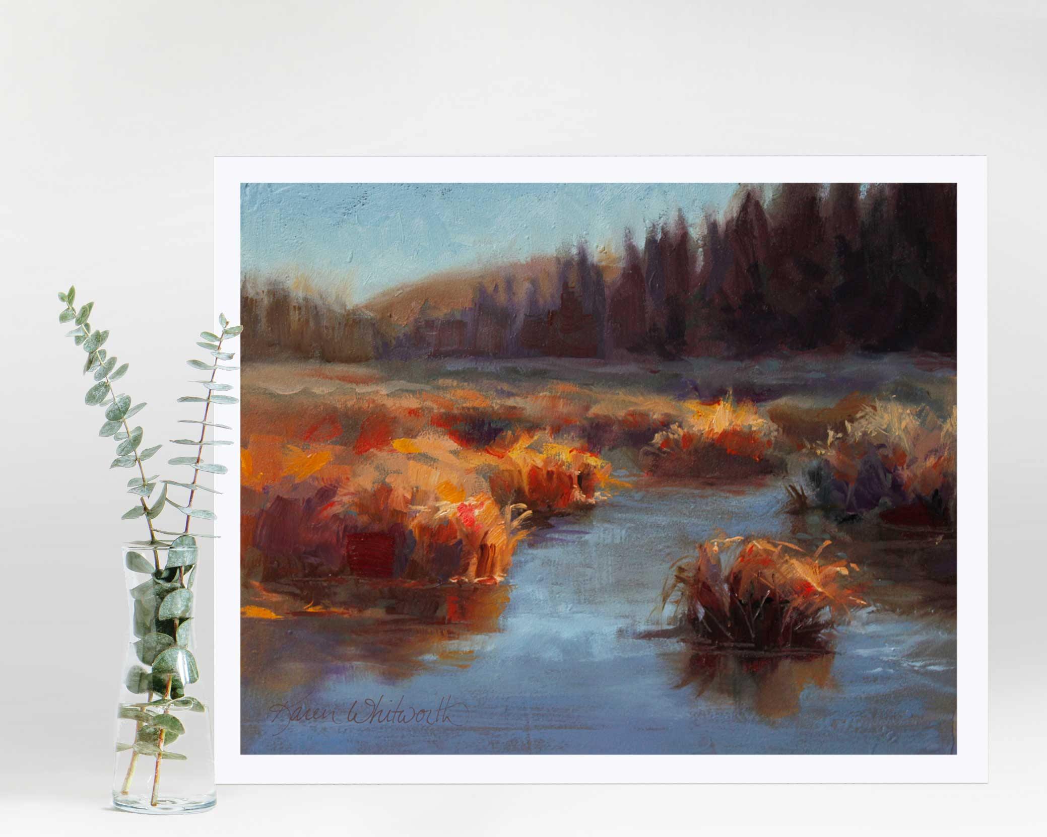 Colorful autumn wall art print of meadow landscape painting by nature artist Karen Whitworth